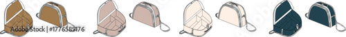 A versatile accessory collection featuring a set of minimalist zippered pouches. Isometric illustrations of small coin purses in various colors isolated on a white background