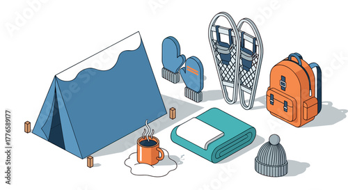 Outdoor camping gear in isometric style featuring tent snowshoes and backpack