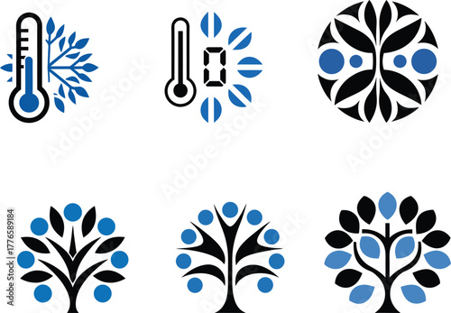 Set of icons representing temperature and trees isolated on white background