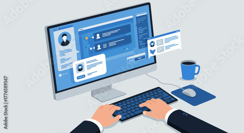 Person Working on Computer with Social Media Interface.