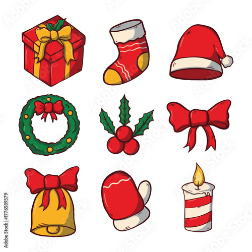 Christmas themed cartoon icons including a gift, stocking, hat, wreath, holly, bow, bell, mitten, and candle.