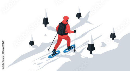 Winter adventure isometric snowshoeing in minimalist mountain landscape