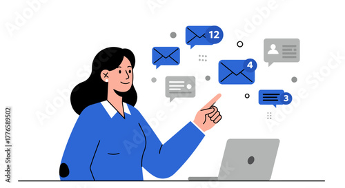 Woman Pointing at Email Notifications on Laptop Screen.