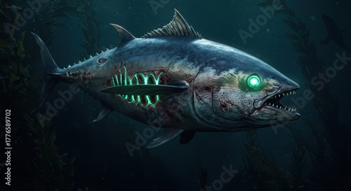 Ferocious undead aquatic creature with glowing features swims through dark water