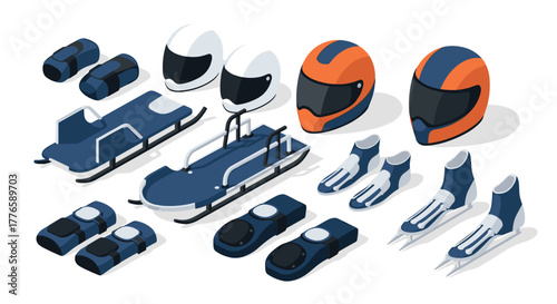 Isometric winter sports gear collection featuring sleds, helmets, and ice skates