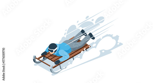 Isometric winter activity person sledding downhill with speed and excitement
