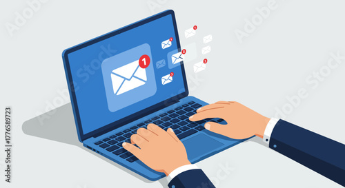 Laptop with Email Notifications and Hands Typing.