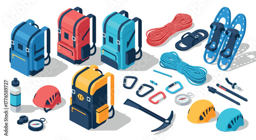 Isometric camping gear set backpacks, helmets, and climbing equipment for outdoor adventure