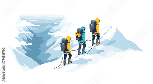 Isometric adventure climbers conquering a snowy mountain summit