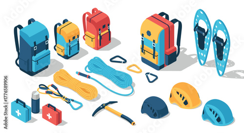Isometric camping gear essentials backpacks, helmets, and safety equipment for adventure