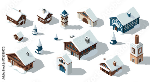 Snowcovered winter village in isometric style featuring cozy homes and pine trees