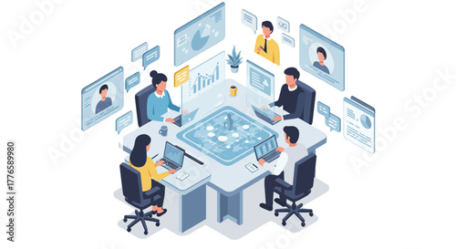Isometric Illustration of Business Team Meeting with Laptops.