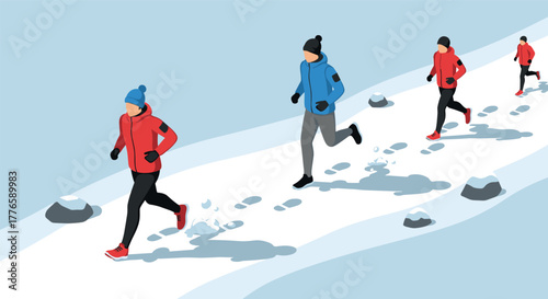 Winter running outdoors athletic people jogging on a snowy path in cold weather