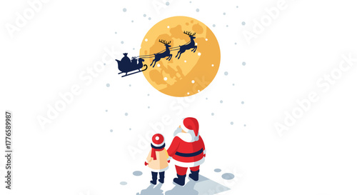 Santa and child watching reindeer sleigh silhouette against full moon