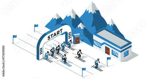 Isometric winter ski race start line with mountains and skiers in motion