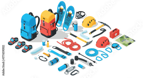 Isometric hiking and climbing gear with backpacks, helmets, and snowshoes