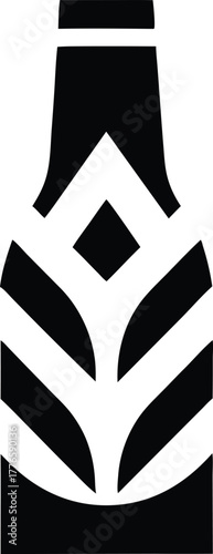 Black silhouette of a bottle with abstract leaf design isolated on white background