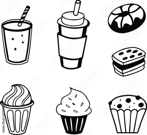 set of cakes,                                                drinks,ice-cream and sweets