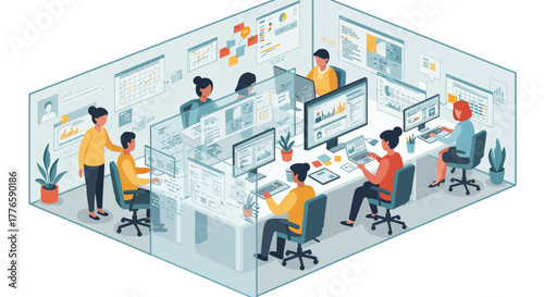Isometric Illustration of Modern Office Workspace Environment.