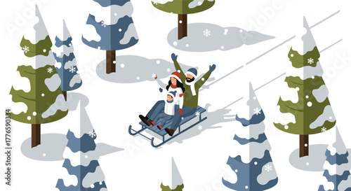 Winter family fun sledding through snowy pine forest in isometric style