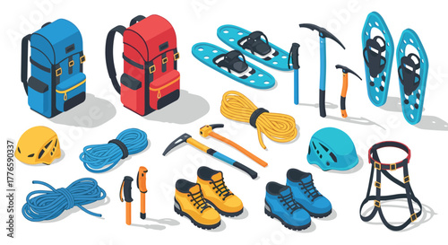 Isometric mountaineering gear set backpacks, climbing equipment, and winter accessories
