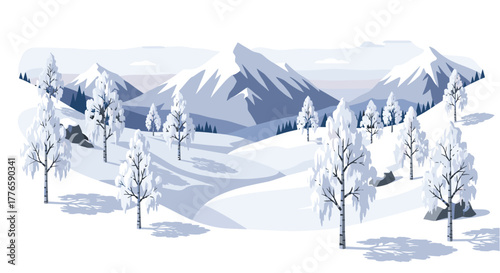 Serene winter landscape with snowy mountains and birch trees in flat design