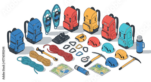 Colorful camping gear and equipment in isometric style for outdoor adventures