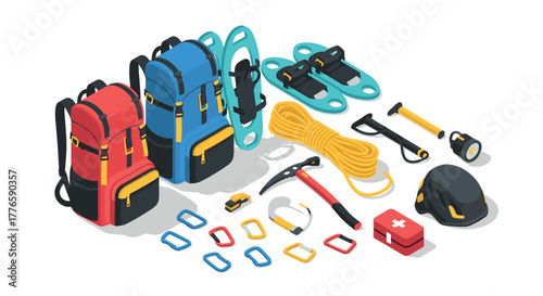 Isometric camping and climbing gear set with backpacks and equipment
