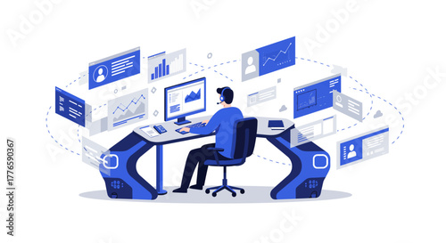 Man Working at Desk with Data Visualization.