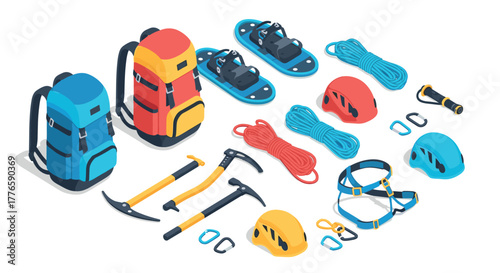 Isometric mountaineering gear backpacks, ropes, helmets, and climbing equipment