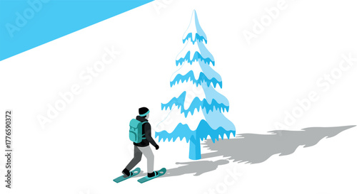 Winter adventure isometric snowboarder exploring snowy terrain with pine tree