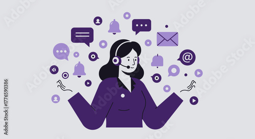 Customer Service Representative with Headset and Communication Icons.
