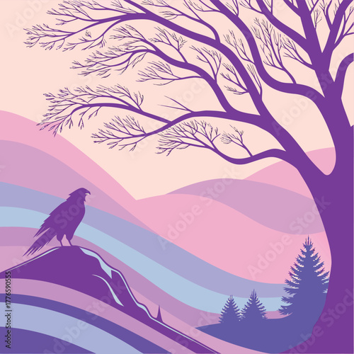 Dense jungle with hidden waterfall and exotic plants vector illustration