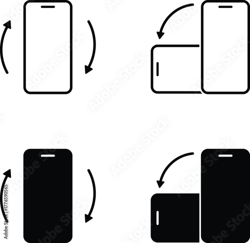 Set of four simple vector icons illustrating smartphone rotation and orientation changes in both portrait and landscape modes with curved arrows indicating movement