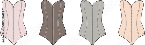Four different colored seamless shapewear bodysuits with lace detailing displayed against a white background