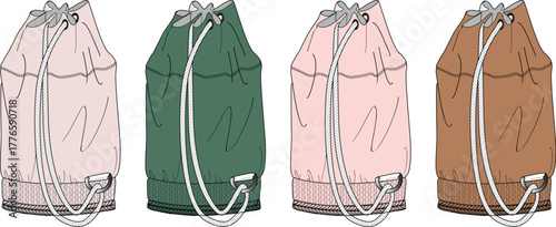 Fashion illustration of four drawstring bags in a versatile palette of earthy and pastel tones, showcasing stylish and practical accessories perfect for everyday casual wear