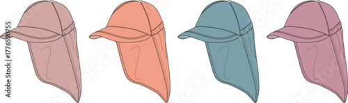A colorful collection of sun protection hats with neck flaps, presented as a vector illustration set. Assortment of legionnaire caps in pastel shades for outdoor activities
