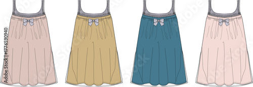 Four different colored nightgowns with bows hanging side by side