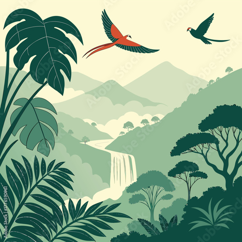 Dense jungle with hidden waterfall and exotic plants vector illustration