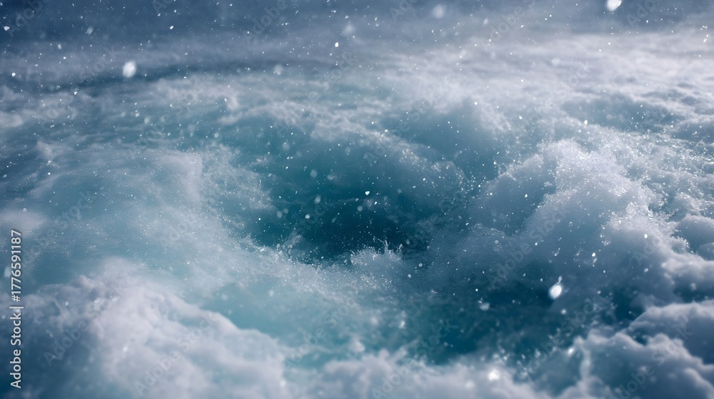 Obraz premium Dynamic churning water surface with frothy foam and airborne specks in soft diffused light