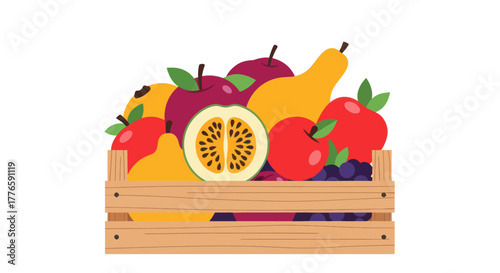 Freshly picked colorful fruits in a rustic wooden crate ready for market.