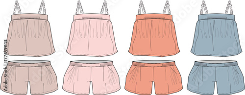 Vector fashion design template of women's comfortable two-piece pyjama sets. Stylish camisole top and shorts sleepwear collection in pastel colors