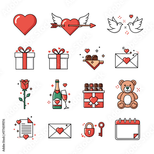 Valentine's Day themed icons with hearts, gifts, and romance symbols  