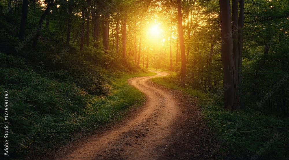 Naklejka premium Sunlit forest path curves through trees (1)