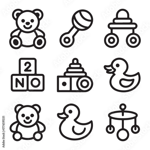 Baby Toys Line Icons Set Vector — Teddy Bear, Rattle, Rubber Duck, and Kids Play Objects Outline Collection