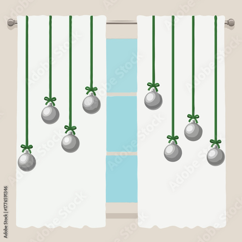 White sheer curtains elegantly decorated with hanging silver Christmas ornaments tied with green ribbons, creating a minimalist and festive window display for modern holiday home decor.