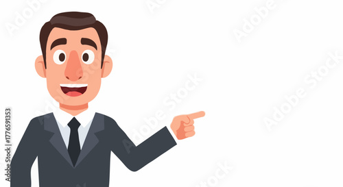 Happy cartoon businessman in a suit pointing to the right with a wide smile, leaving ample copy space. Ideal for presentations, ads, and websites needing a friendly, engaging call-to-action.