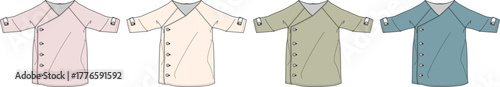 A colorful collection of four newborn baby kimono-style wrap shirts in pastel shades, isolated illustration set for infant apparel design