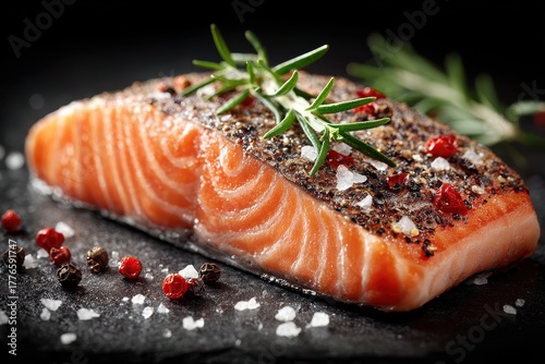 Fototapeta Naklejka Na Ścianę i Meble -  Delicate salmon fillet with fresh rosemary and spices