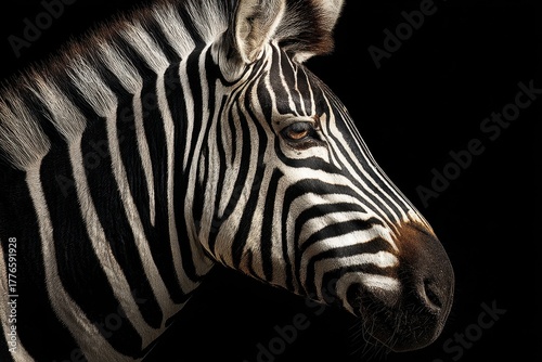 A zebra's detailed profile with striking black and white stripes